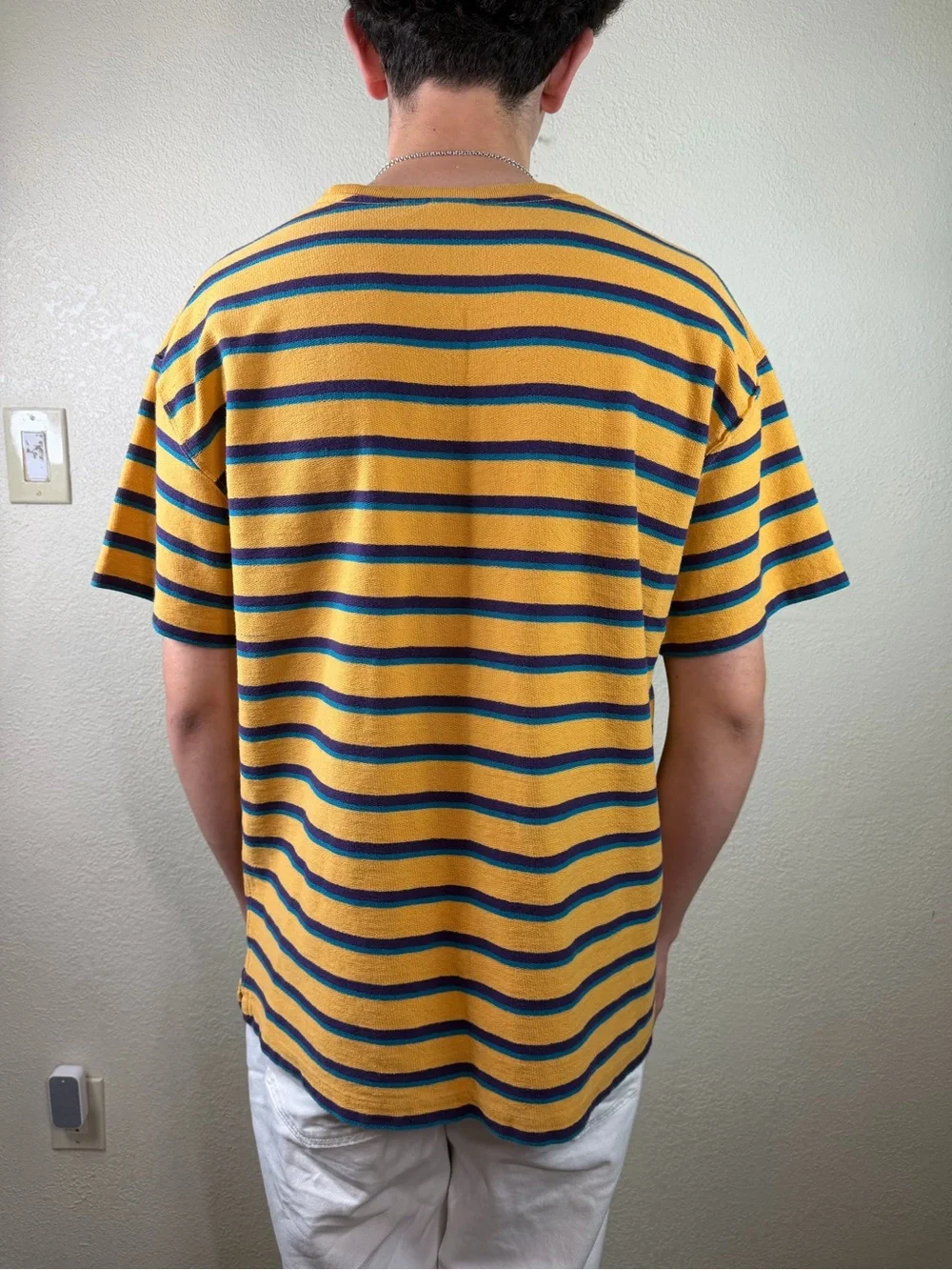 Urban Outfitters Mens Striped Pocket T-Shirt Size M Yellow Blue Retro Y2K Skate